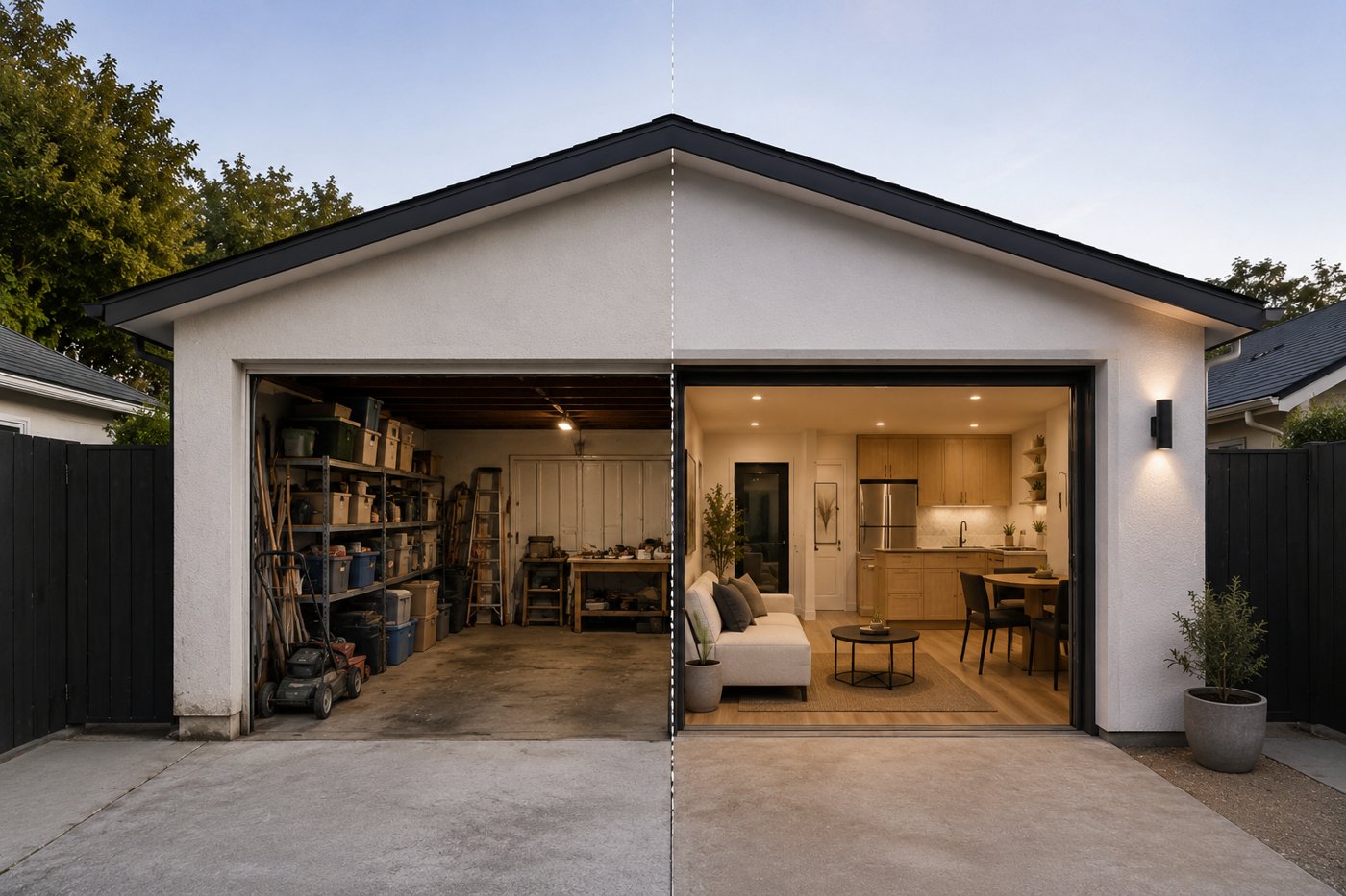 Garage transformed into a finished ADU living space, before and after