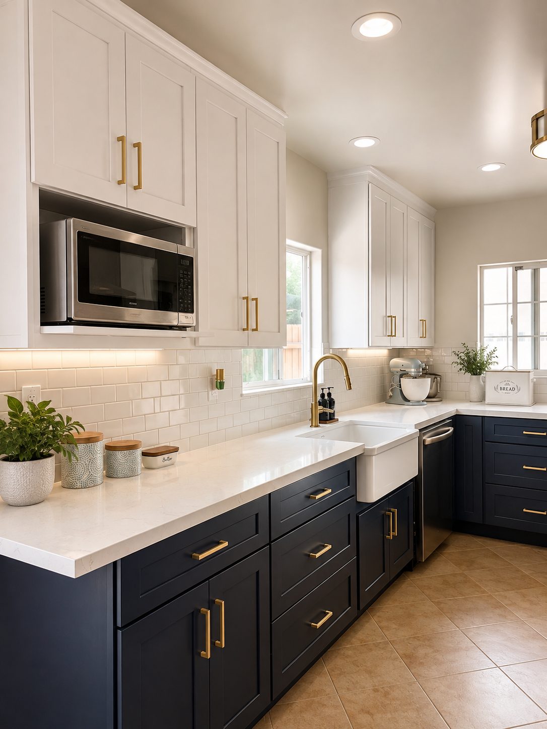 Completed navy blue kitchen with brass hardware