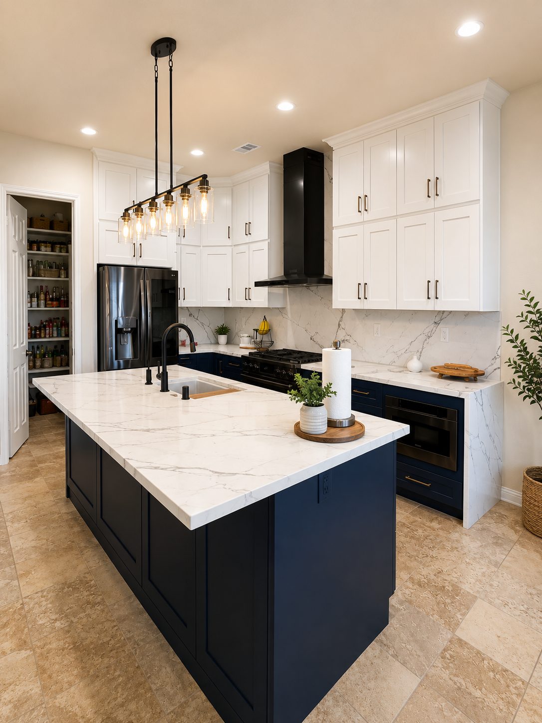 Navy island with marble countertop