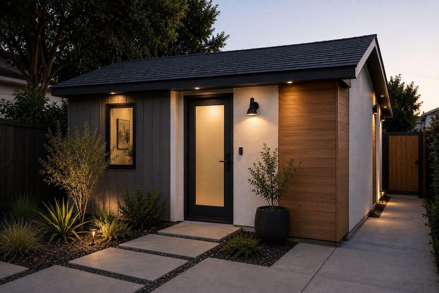 Visualization of an ADU with cedar siding at dusk