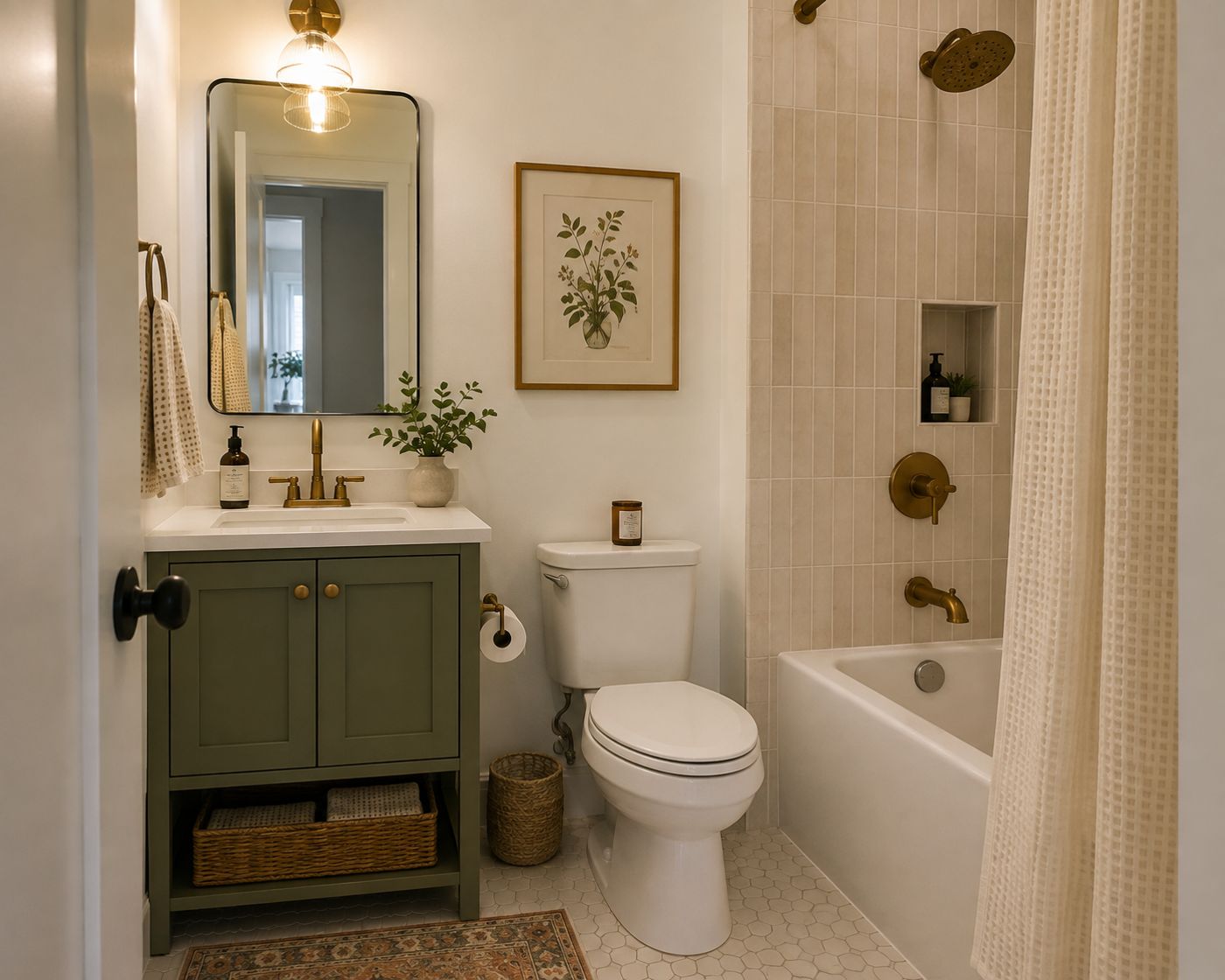 Visualization of a bathroom with green vanity