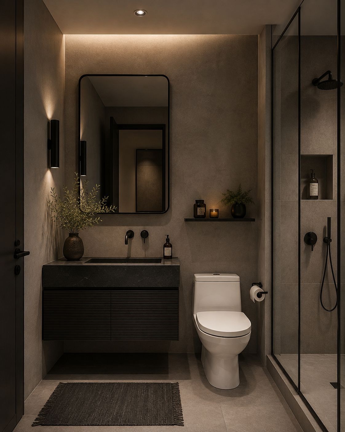 Visualization of a dark bathroom with black vanity