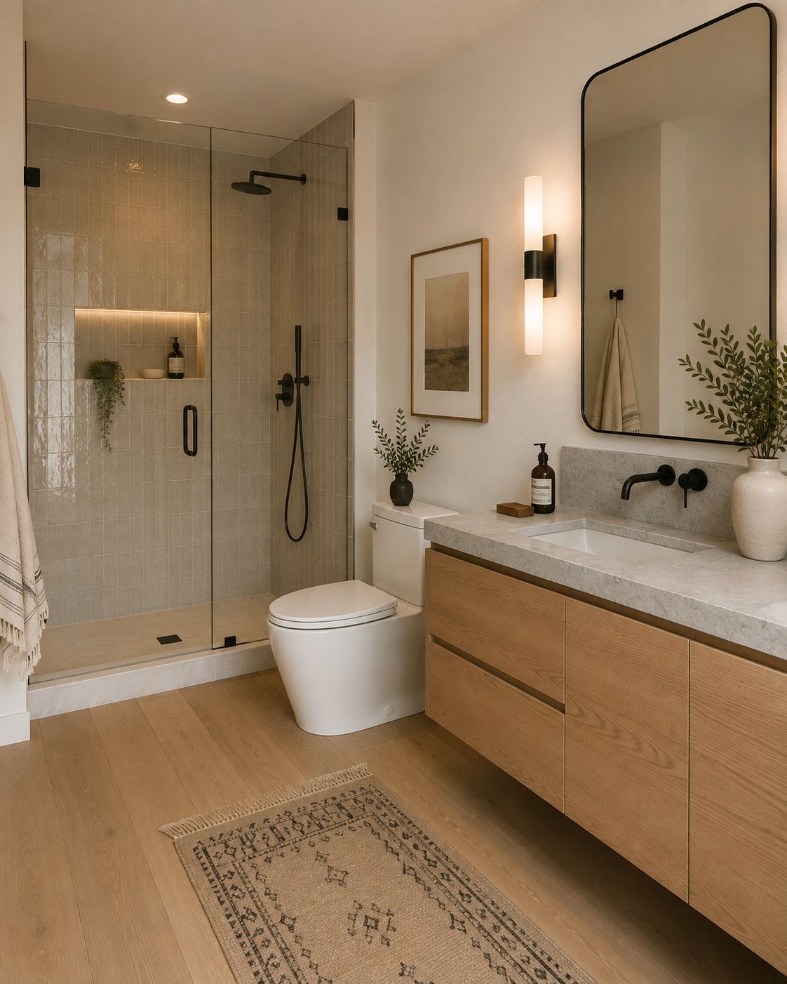 Visualization of a bathroom with floating oak vanity and walk-in shower