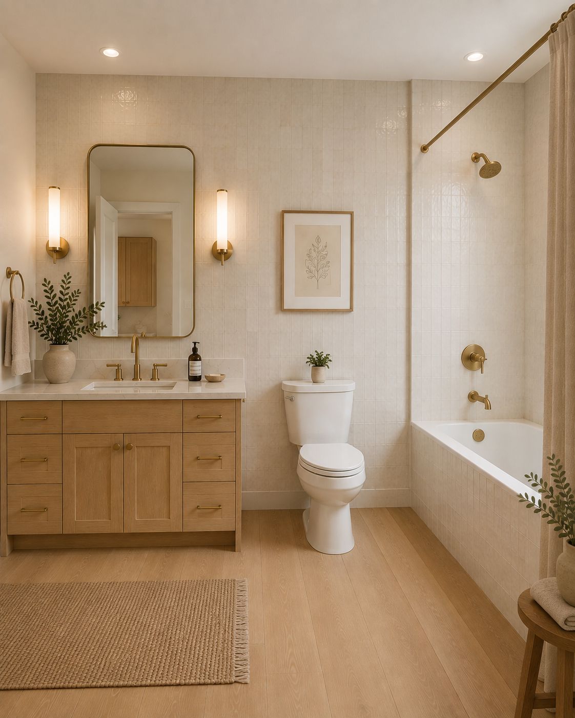 Visualization of a cream tile bathroom with brass fixtures