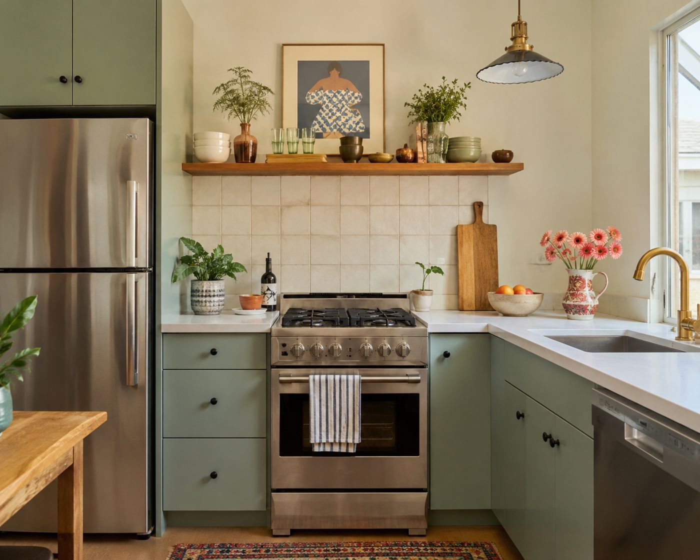 Visualization of a sage green kitchen