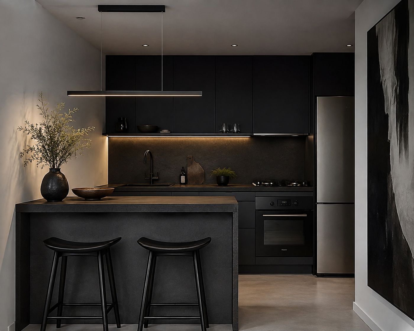 Visualization of a black kitchen with bar seating