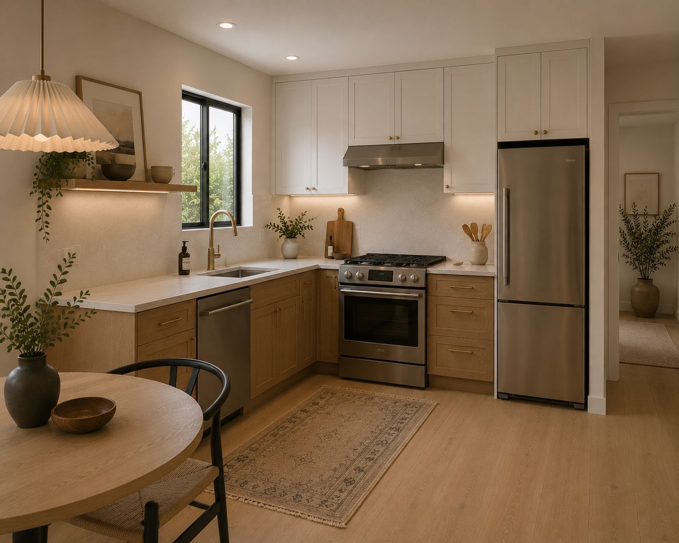 Visualization of a light wood kitchen with dining nook