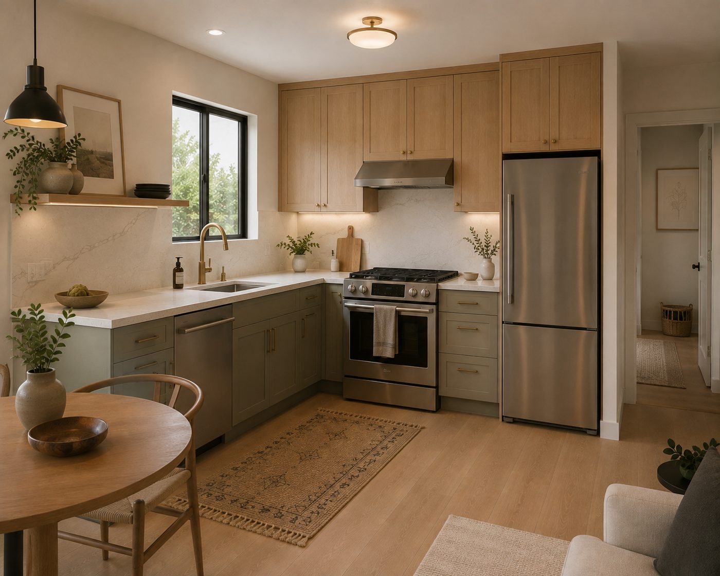 Visualization of a kitchen with sage cabinets and wood floors